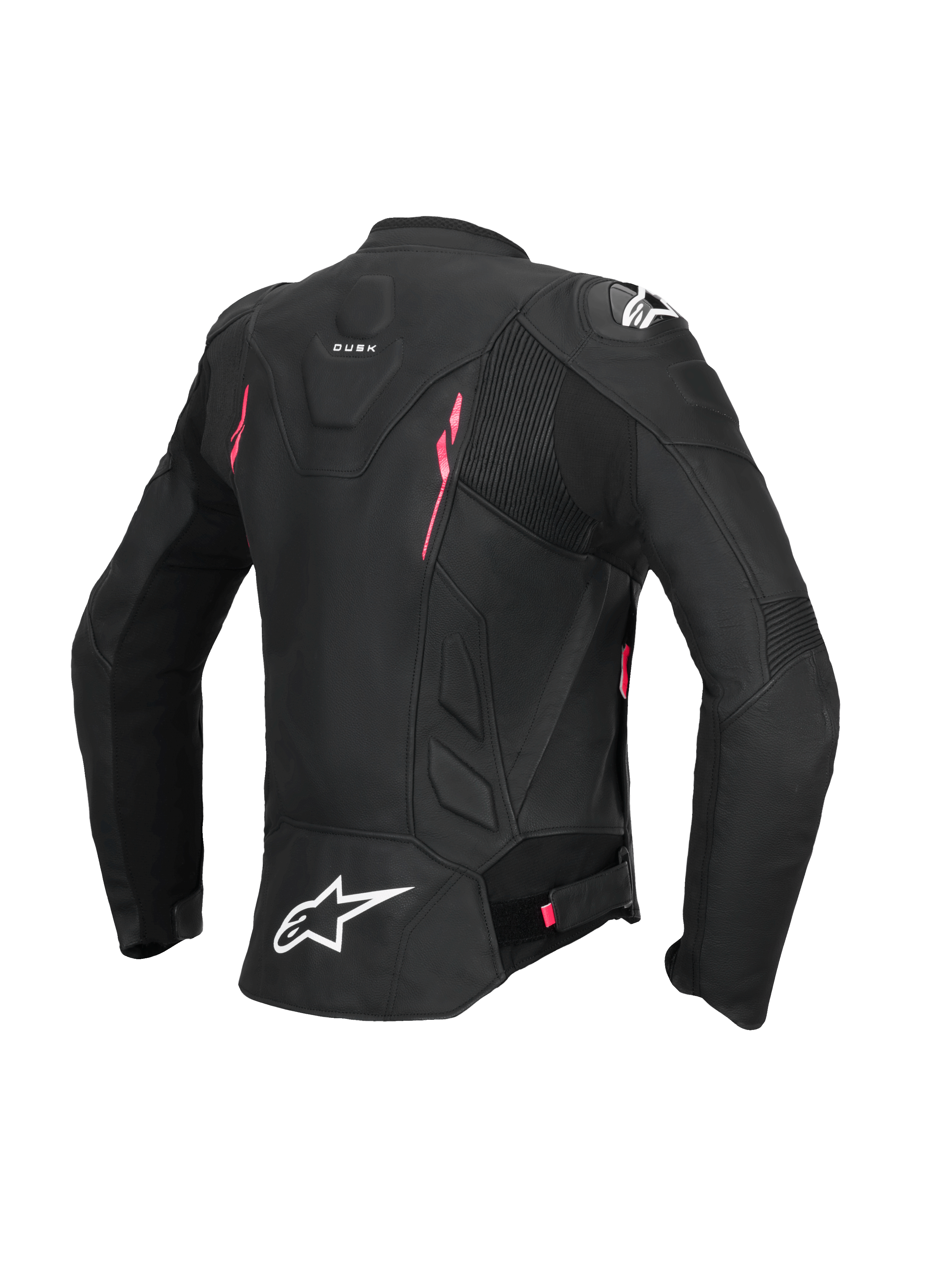 Alpinestars Stella Dusk Læderjakke, damemotorcykeljakke set bagfra, sort med lyserøde og hvide detaljer, CE AA-certificeret læderkonstruktion, harmonikastrækpaneler og ekstern DFS-skulderbeskyttelse
