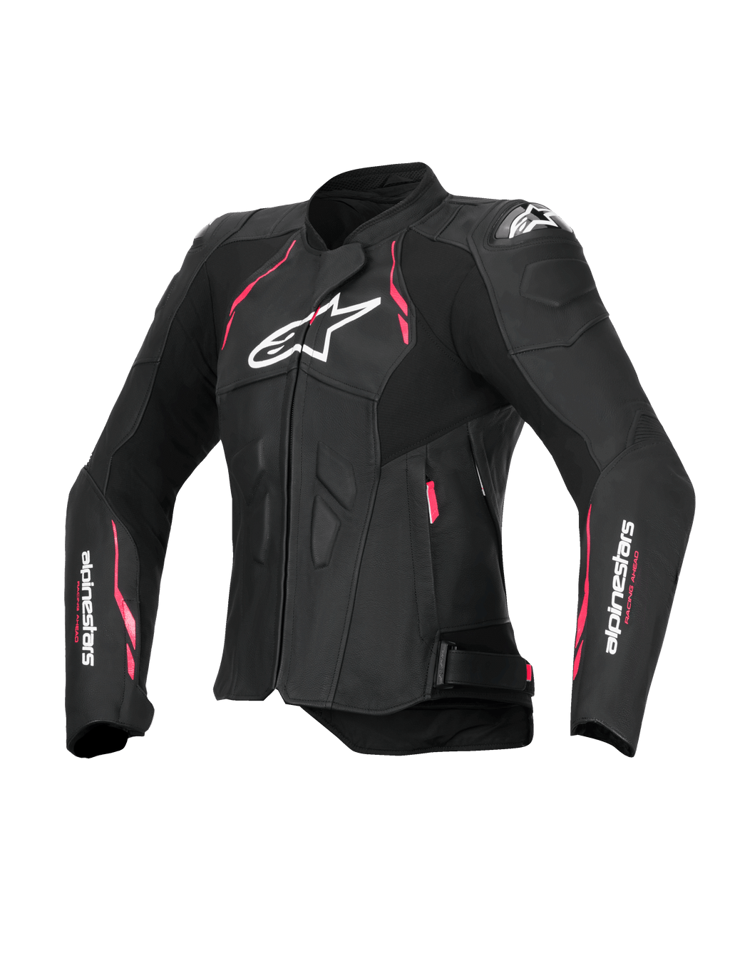 Alpinestars Stella Dusk Læderjakke, damemotorcykeljakke i sort med pink og hvide detaljer, CE-certificeret klasse AA med udvendig DFS-skulderbeskyttelse