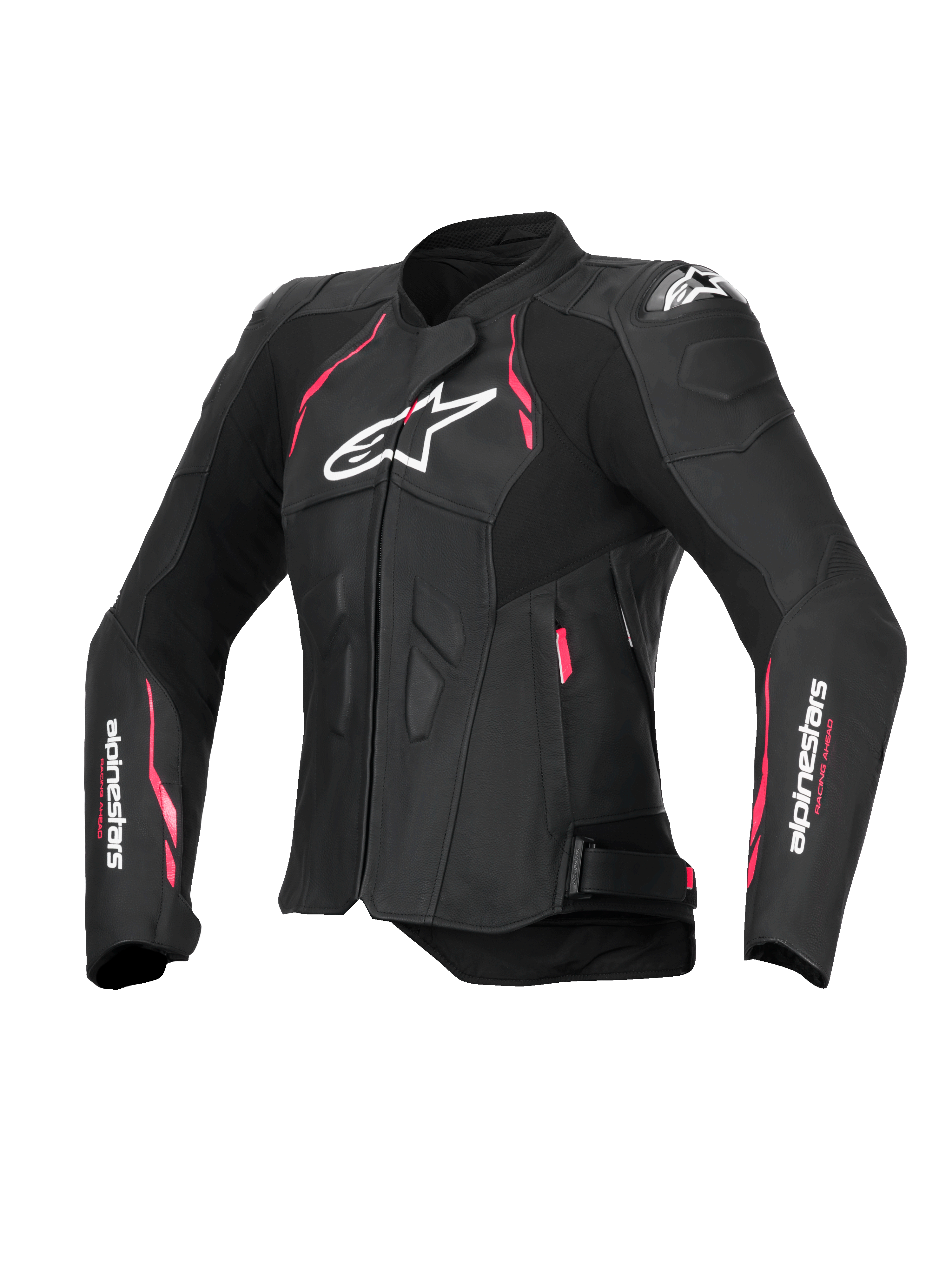 Alpinestars Stella Dusk Læderjakke, damemotorcykeljakke i sort med pink og hvide detaljer, CE-certificeret klasse AA med udvendig DFS-skulderbeskyttelse
