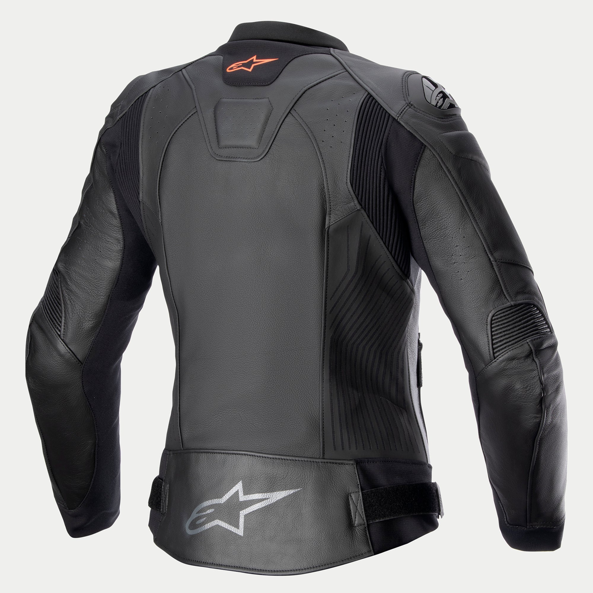 Alpinestars Læder Jakke Stella GP Plus V4, dame motorcykellæderjakke set bagfra, sort, CE-certificeret Kategori II klasse AA med strækpaneler og beskyttelsesdetaljer