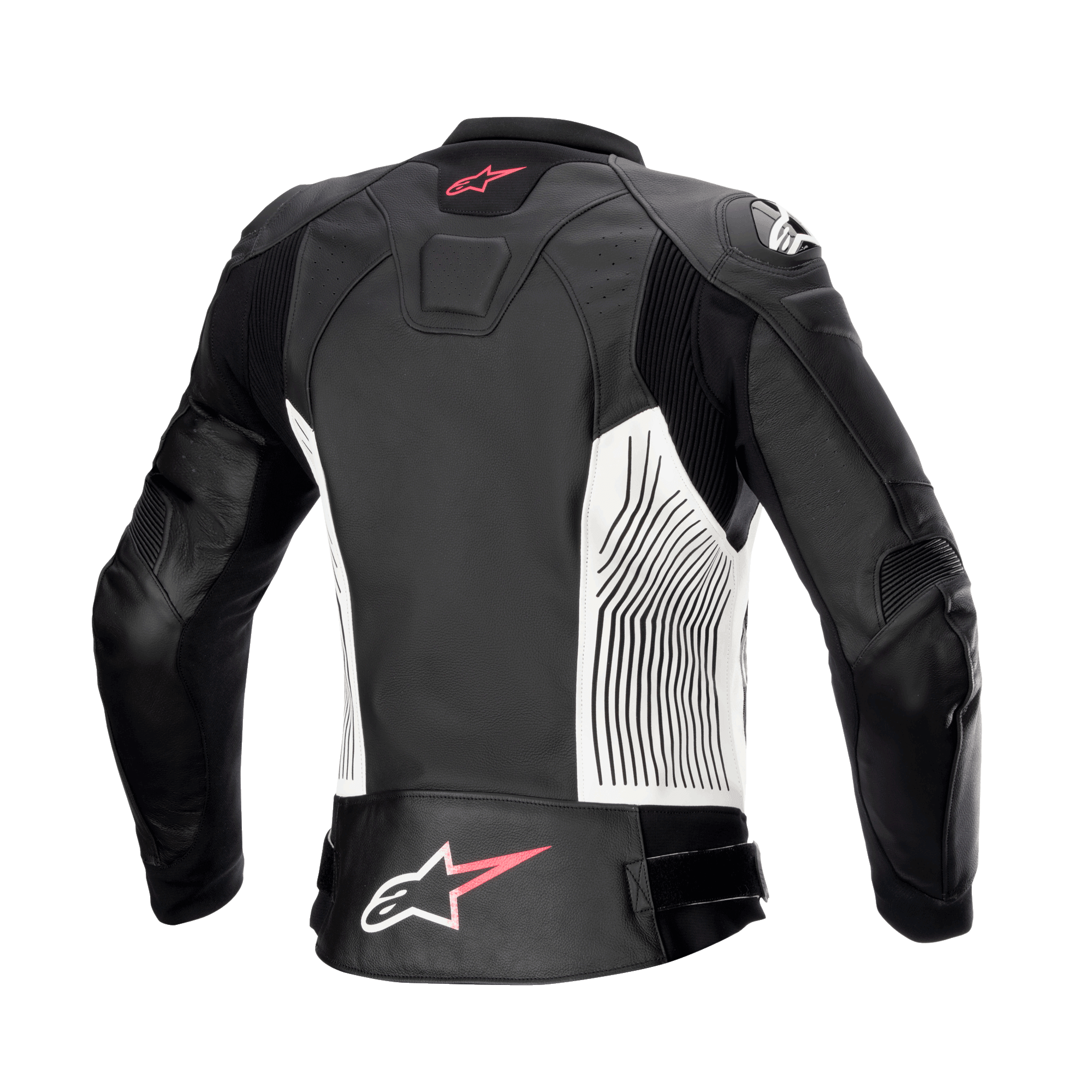 Alpinestars Stella GP Plus V4 læderjakke til kvinder, sort, hvid og Diva Pink, set bagfra, hvide sidepaneler med sorte grafiske linjer, lyserøde og hvide Alpinestars-logoer på øvre og nedre ryg, læder-accordeon-strækpaneler for øget bevægelighed