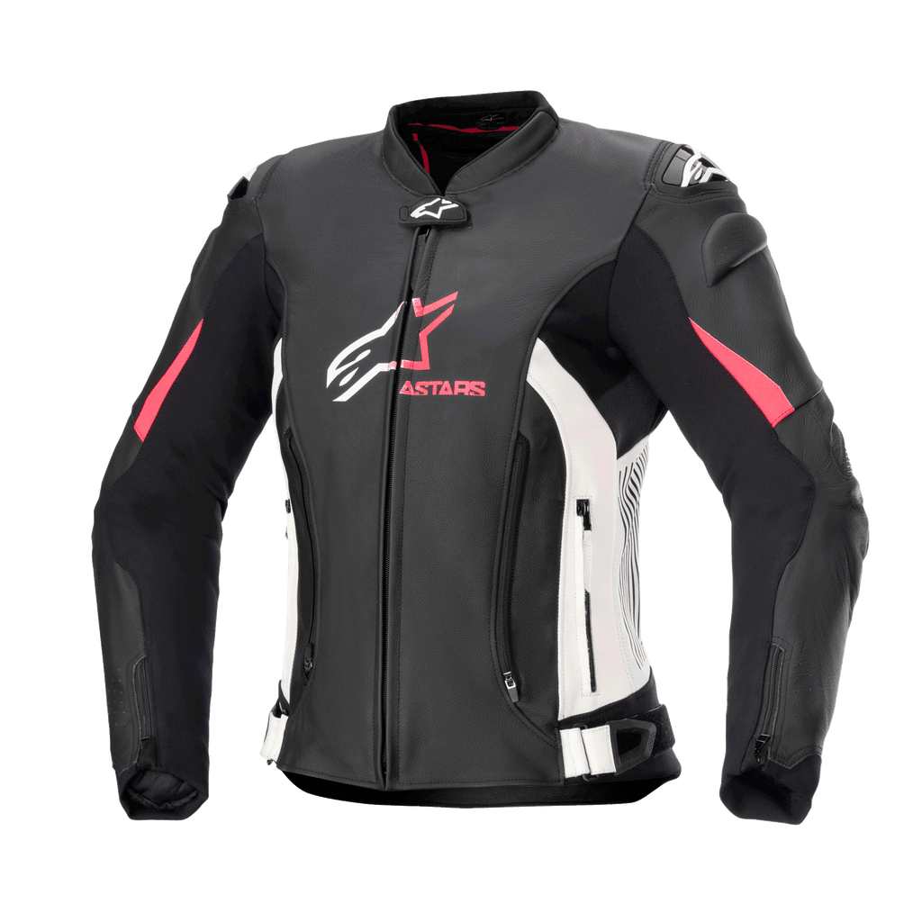 Alpinestars Stella GP Plus V4 læderjakke til damer, motorcykel racingjakke, sort med hvide og Diva Pink detaljer, førsteklasses læderkonstruktion, med lynlåse på front og mave, justerbare stropper i taljen og polstrede skuldre, feminint silhuetdesign