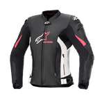 Alpinestars Stella GP Plus V4 læderjakke til damer, motorcykel racingjakke, sort med hvide og Diva Pink detaljer, førsteklasses læderkonstruktion, med lynlåse på front og mave, justerbare stropper i taljen og polstrede skuldre, feminint silhuetdesign