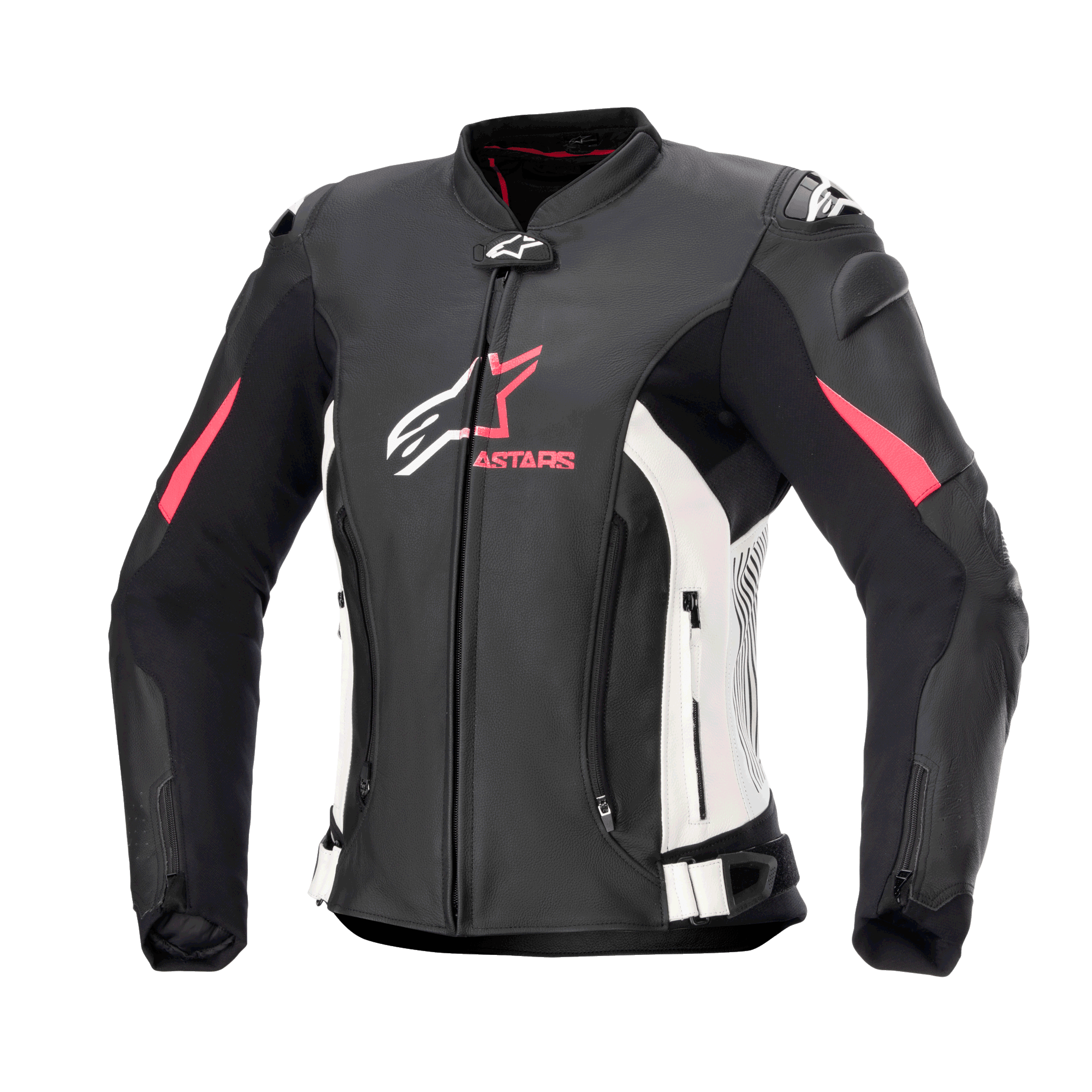 Alpinestars Stella GP Plus V4 læderjakke til damer, motorcykel racingjakke, sort med hvide og Diva Pink detaljer, førsteklasses læderkonstruktion, med lynlåse på front og mave, justerbare stropper i taljen og polstrede skuldre, feminint silhuetdesign
