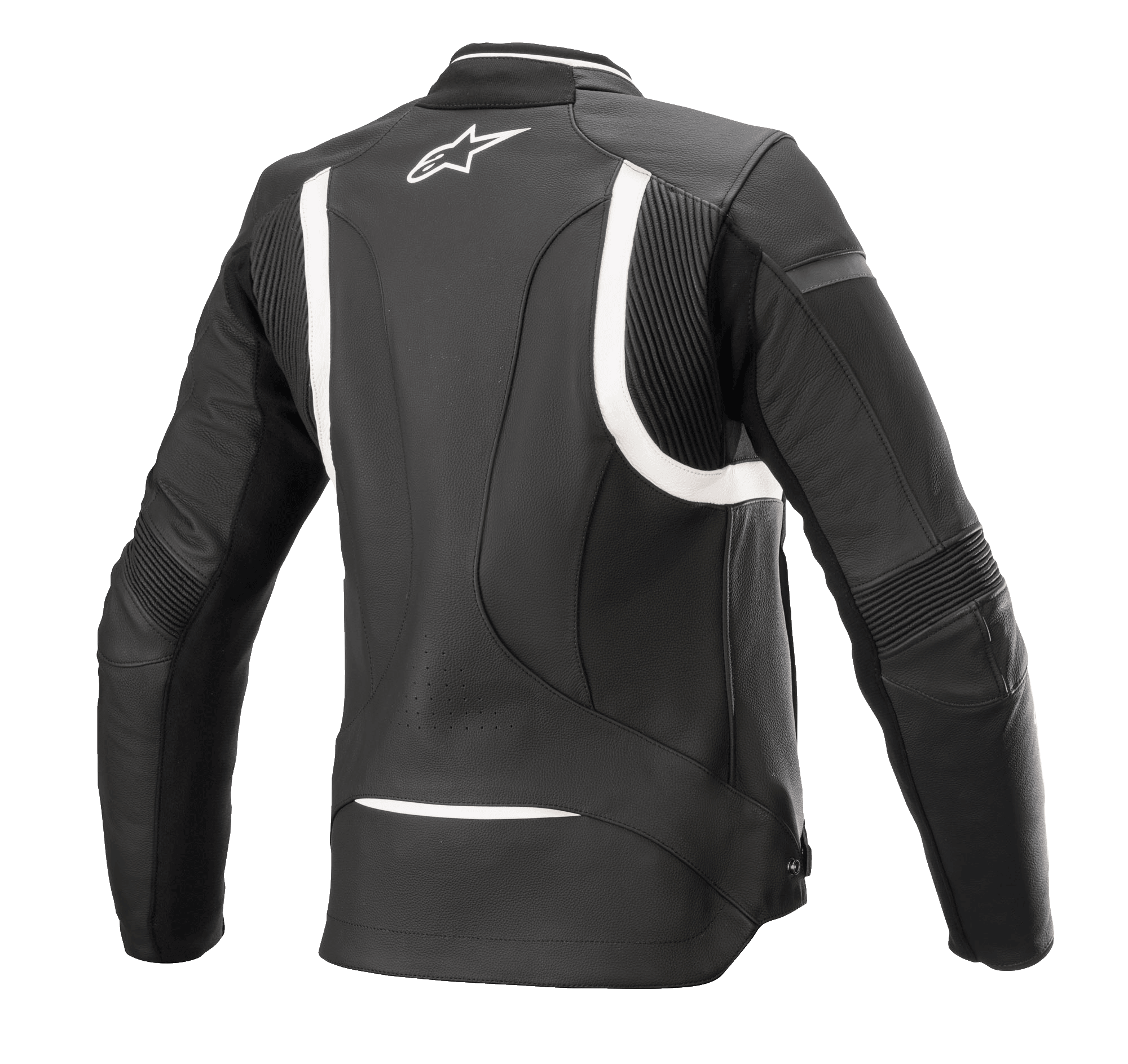Alpinestars Stella Kira V2 læderjakke til damer, sort og hvid, set bagfra med fokus på harmonika-strækpaneler på ryggen og albuerne, forlænget rygstykke for bedre dækning under kørsel, hvidt Alpinestars-logo på øverste del af ryggen, konstruktion i premium okselæder.