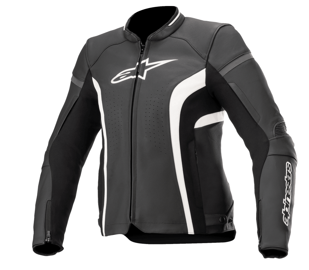 Alpinestars Stella Kira V2 læderjakke til damer, sort og hvid, med perforerede ventilationspaneler, hvidt logo på brystet og ærmet, manchetter med lynlås og en skræddersyet performance-pasform til landevejskørsel på motorcykel.