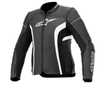 Alpinestars Stella Kira V2 læderjakke til damer, sort og hvid, med perforerede ventilationspaneler, hvidt logo på brystet og ærmet, manchetter med lynlås og en skræddersyet performance-pasform til landevejskørsel på motorcykel.