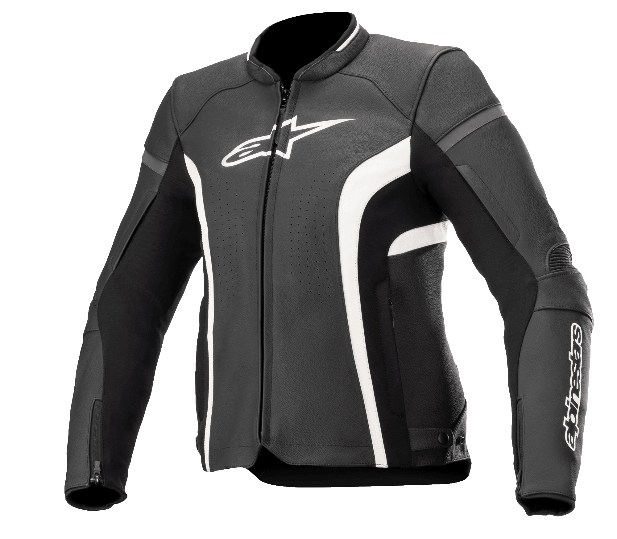 Alpinestars Stella Kira V2 læderjakke til damer, sort og hvid, med perforerede ventilationspaneler, hvidt logo på brystet og ærmet, manchetter med lynlås og en skræddersyet performance-pasform til landevejskørsel på motorcykel.