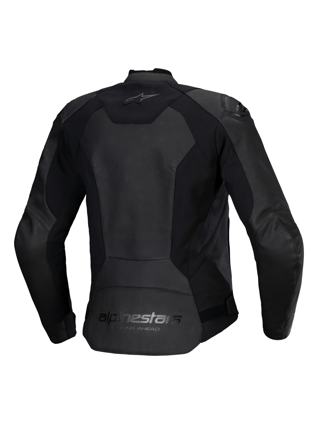 Alpinestars Stella Faster V3 læderjakke til damer, MC-læderjakke til kvinder, sort, set bagfra med Alpinestars branding på øvre og nedre ryg, strækpaneler for bevægelighed og et forlænget rygstykke for bedre dækning