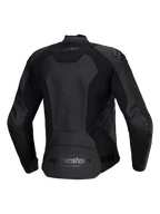 Alpinestars Stella Faster V3 læderjakke til damer, MC-læderjakke til kvinder, sort, set bagfra med Alpinestars branding på øvre og nedre ryg, strækpaneler for bevægelighed og et forlænget rygstykke for bedre dækning