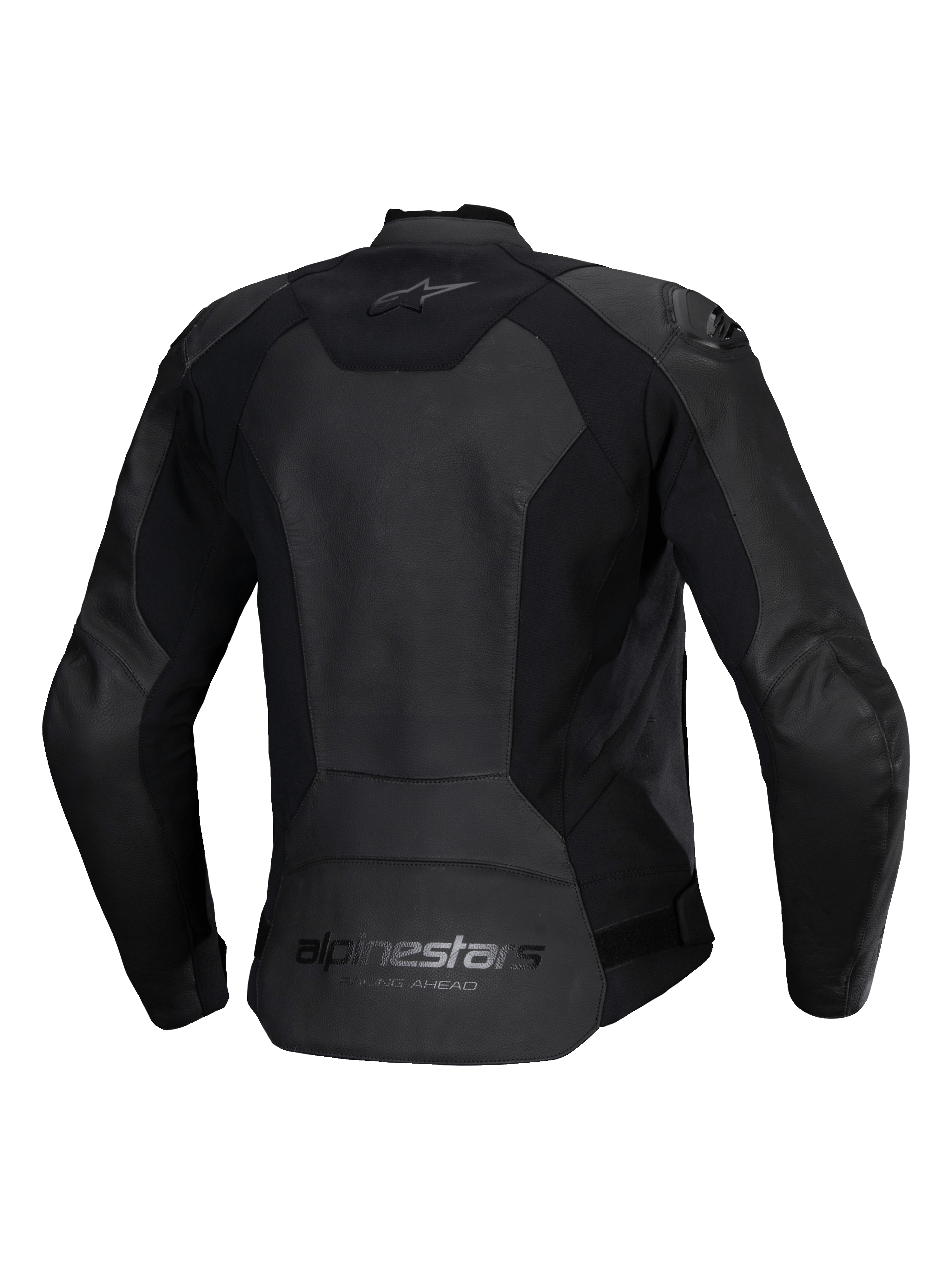 Alpinestars Stella Faster V3 læderjakke til damer, MC-læderjakke til kvinder, sort, set bagfra med Alpinestars branding på øvre og nedre ryg, strækpaneler for bevægelighed og et forlænget rygstykke for bedre dækning
