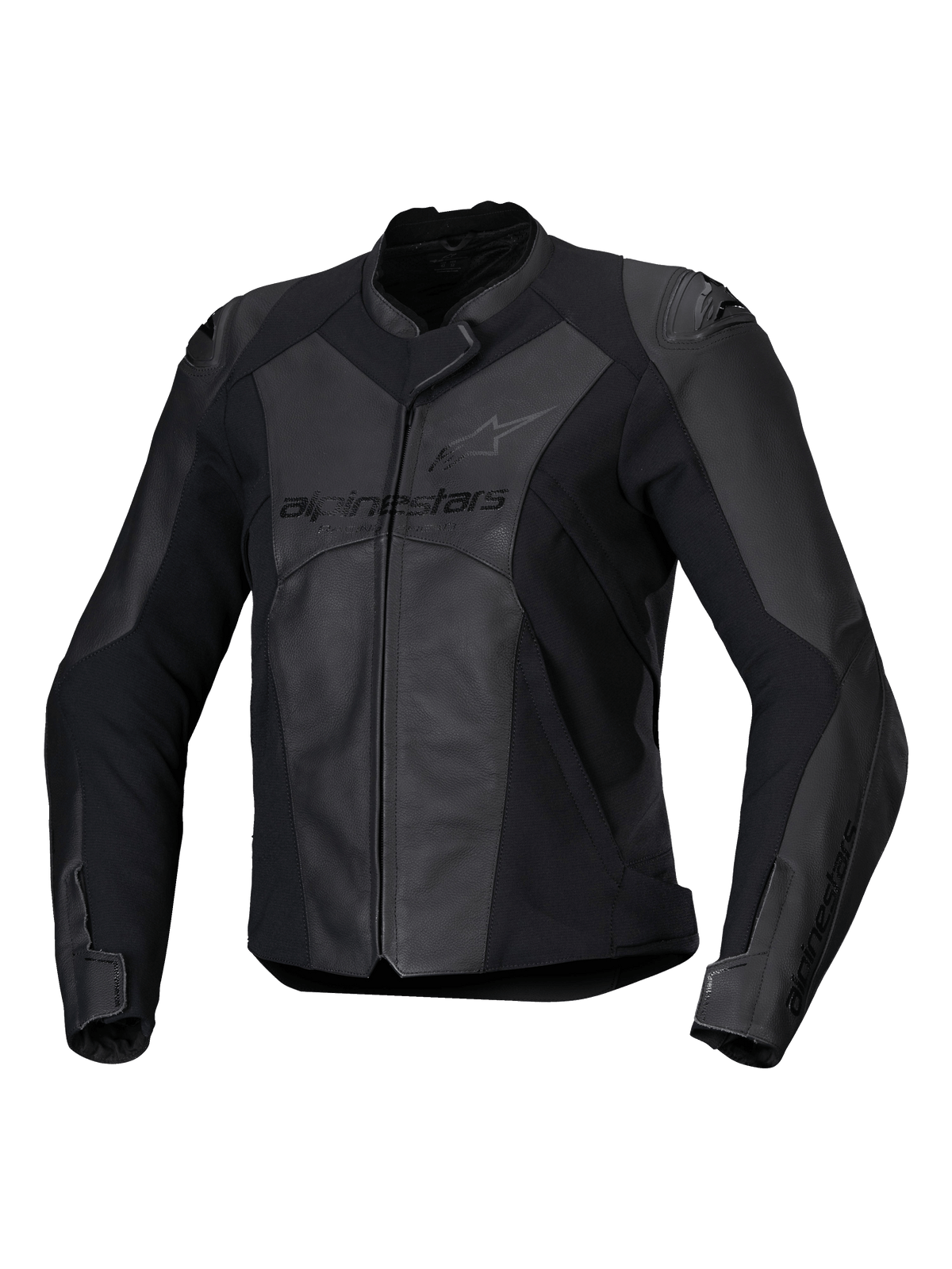 Alpinestars Stella Faster V3 læderjakke, sportsmotorcykeljakke til damer, sort og mørkegrå, premium læder- og tekstilkonstruktion med HRSF-stretchpaneler, CE-certificeret beskyttelse, høj krave og fuld lynlås foran, slank race-inspireret pasform