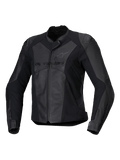 Alpinestars Stella Faster V3 læderjakke, sportsmotorcykeljakke til damer, sort og mørkegrå, premium læder- og tekstilkonstruktion med HRSF-stretchpaneler, CE-certificeret beskyttelse, høj krave og fuld lynlås foran, slank race-inspireret pasform