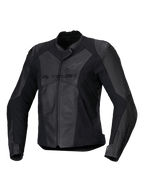 Alpinestars Stella Faster V3 læderjakke, sportsmotorcykeljakke til damer, sort og mørkegrå, premium læder- og tekstilkonstruktion med HRSF-stretchpaneler, CE-certificeret beskyttelse, høj krave og fuld lynlås foran, slank race-inspireret pasform