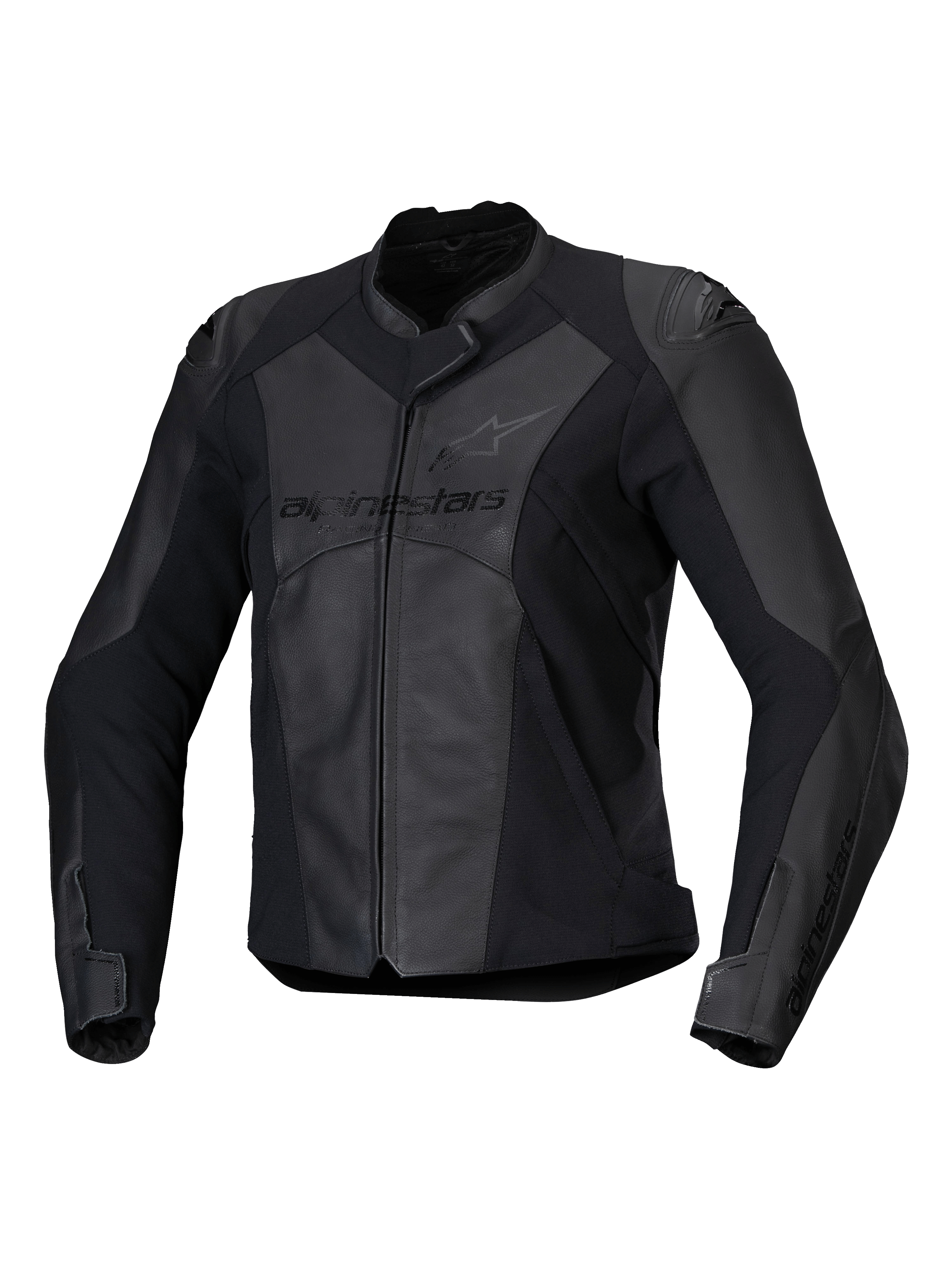 Alpinestars Stella Faster V3 læderjakke, sportsmotorcykeljakke til damer, sort og mørkegrå, premium læder- og tekstilkonstruktion med HRSF-stretchpaneler, CE-certificeret beskyttelse, høj krave og fuld lynlås foran, slank race-inspireret pasform