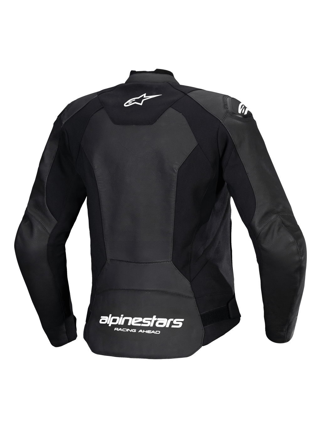 Alpinestars Stella Faster V3 læderjakke, sports-motorcykeljakke til kvinder, sort og hvid, set bagfra med flerpanel-læder og konstruktion i strækstof, hvidt Alpinestars-logo på øverste ryg og branding forneden, slank atletisk pasform til sportskørsel