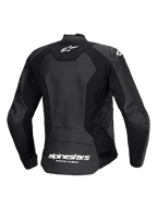 Alpinestars Stella Faster V3 læderjakke, sports-motorcykeljakke til kvinder, sort og hvid, set bagfra med flerpanel-læder og konstruktion i strækstof, hvidt Alpinestars-logo på øverste ryg og branding forneden, slank atletisk pasform til sportskørsel
