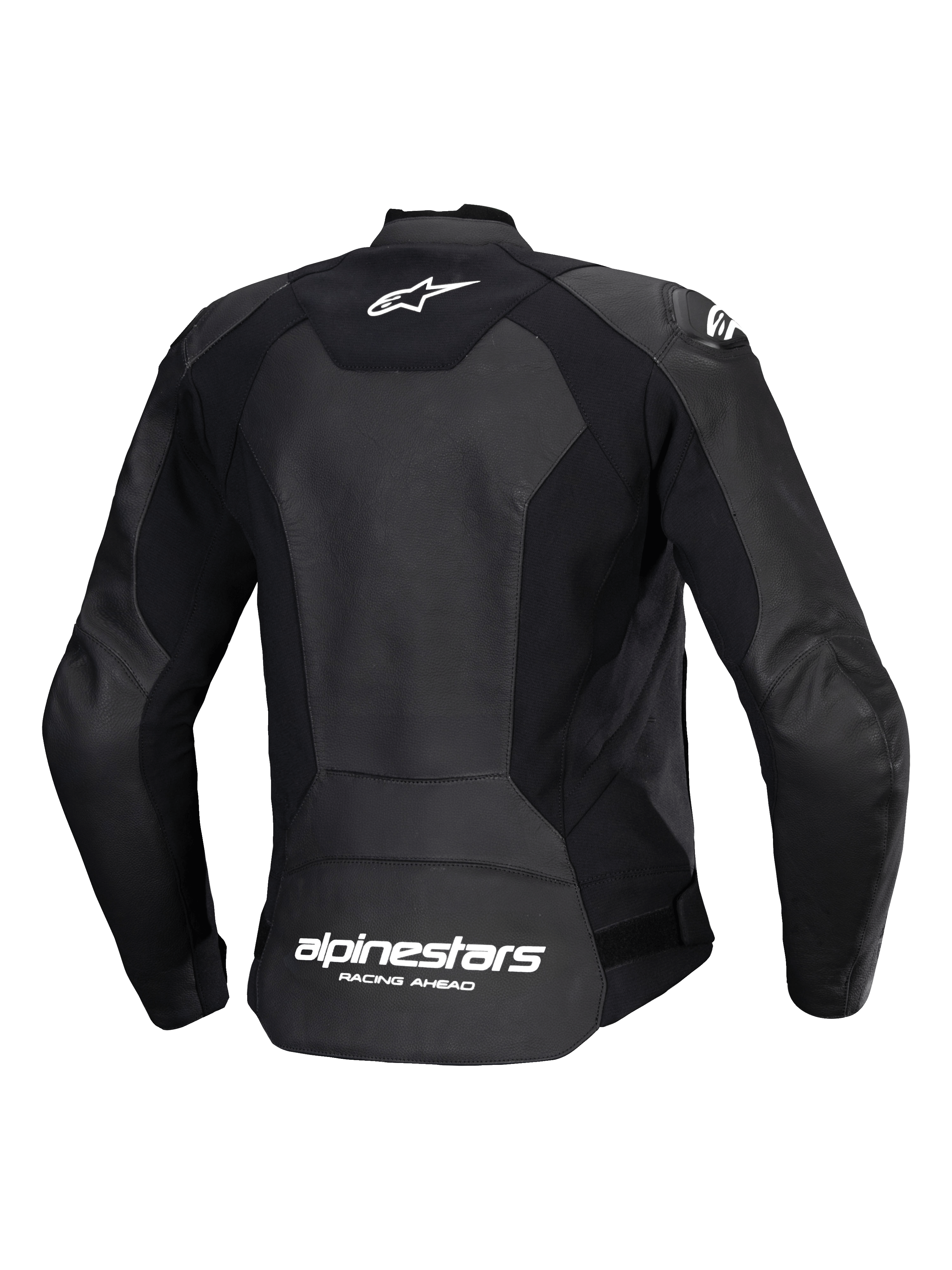 Alpinestars Stella Faster V3 læderjakke, sports-motorcykeljakke til kvinder, sort og hvid, set bagfra med flerpanel-læder og konstruktion i strækstof, hvidt Alpinestars-logo på øverste ryg og branding forneden, slank atletisk pasform til sportskørsel