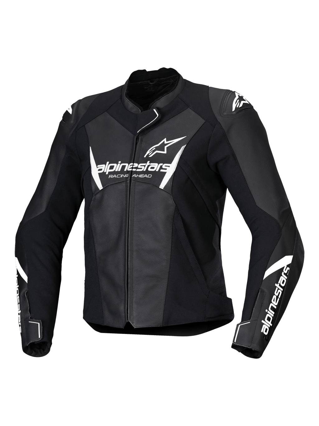 Alpinestars Stella Faster V3 læderjakke, dame motorcykeljakke, sort og hvid, med hvide Alpinestars-logoer på brystet og ærmerne, premium læderkonstruktion med forstærkede skuldre, aerodynamisk sportsdesign