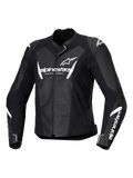 Alpinestars Stella Faster V3 læderjakke, dame motorcykeljakke, sort og hvid, med hvide Alpinestars-logoer på brystet og ærmerne, premium læderkonstruktion med forstærkede skuldre, aerodynamisk sportsdesign