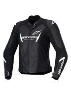 Alpinestars Stella Faster V3 læderjakke, dame motorcykeljakke, sort og hvid, med hvide Alpinestars-logoer på brystet og ærmerne, premium læderkonstruktion med forstærkede skuldre, aerodynamisk sportsdesign