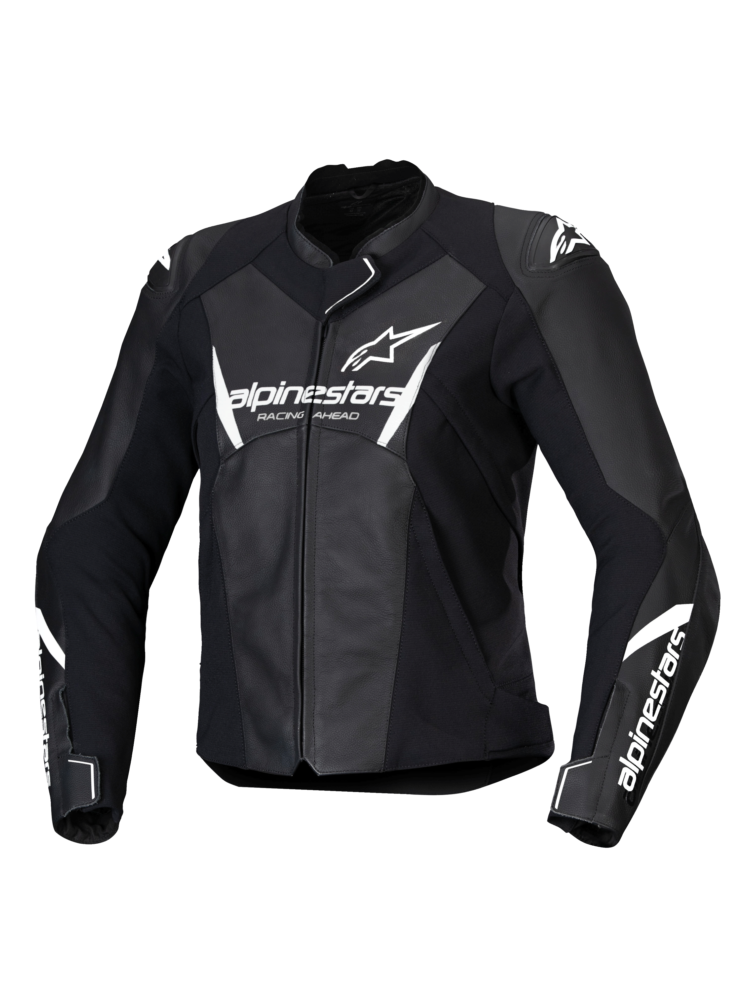 Alpinestars Stella Faster V3 læderjakke, dame motorcykeljakke, sort og hvid, med hvide Alpinestars-logoer på brystet og ærmerne, premium læderkonstruktion med forstærkede skuldre, aerodynamisk sportsdesign