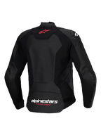 Alpinestars Stella Faster V3 læderjakke, sportsmotorcykeljakke til kvinder, sort, set bagfra med rødt stjernelogo øverst på ryggen og hvidt Alpinestars-navnetræk med Fluo Coral "Racing Ahead"-tekst nederst på ryggen, figursyet pasform med førsteklasses læder og stretchpaneler