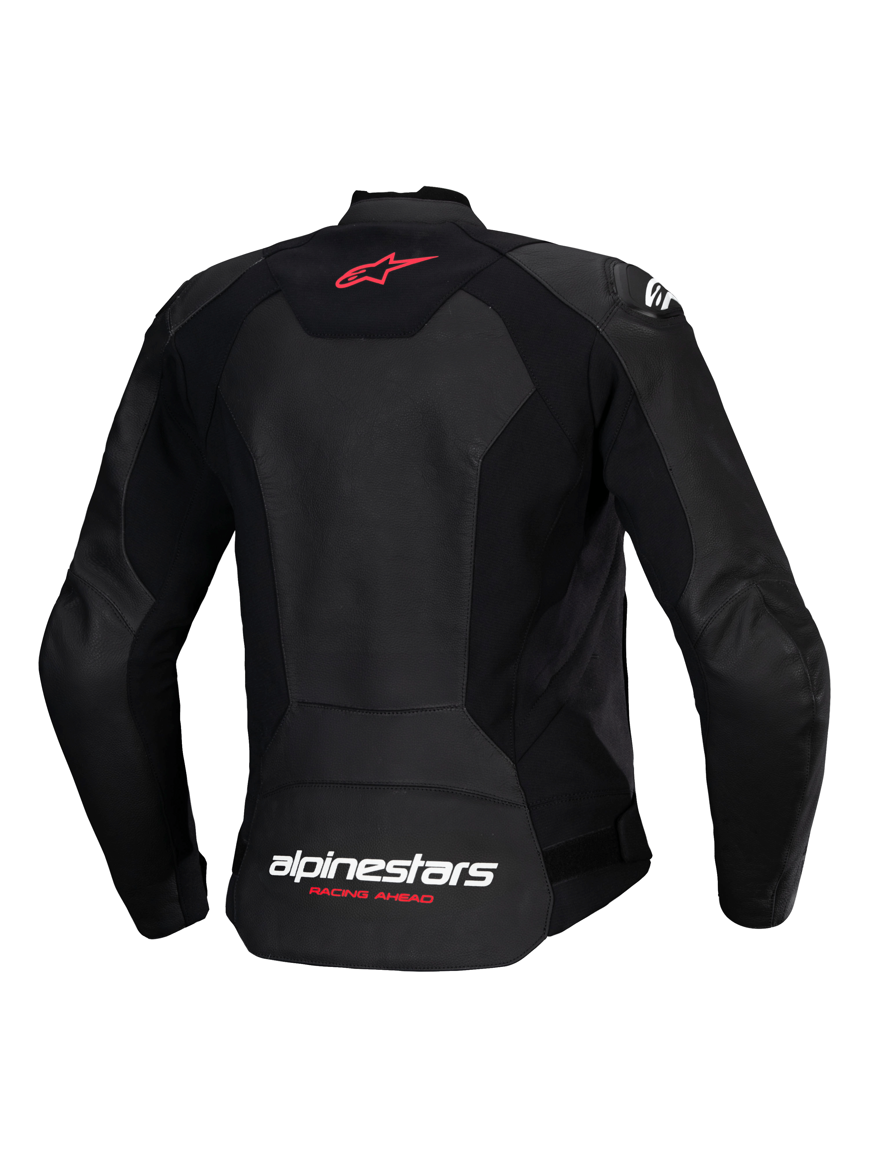 Alpinestars Stella Faster V3 læderjakke, sportsmotorcykeljakke til kvinder, sort, set bagfra med rødt stjernelogo øverst på ryggen og hvidt Alpinestars-navnetræk med Fluo Coral "Racing Ahead"-tekst nederst på ryggen, figursyet pasform med førsteklasses læder og stretchpaneler