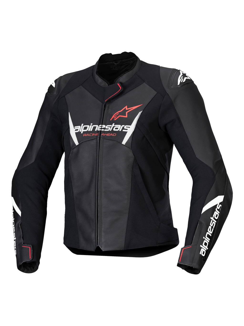 Alpinestars Stella Faster V3 læderjakke til damer, sort motorcykeljakke med hvide og Fluo Coral detaljer, førsteklasses læderkonstruktion, Alpinestars-branding på bryst og ærmer, sporty racing-pasform med integreret skulderbeskyttelse og lynlåslukning.