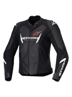 Alpinestars Stella Faster V3 læderjakke til damer, sort motorcykeljakke med hvide og Fluo Coral detaljer, førsteklasses læderkonstruktion, Alpinestars-branding på bryst og ærmer, sporty racing-pasform med integreret skulderbeskyttelse og lynlåslukning.
