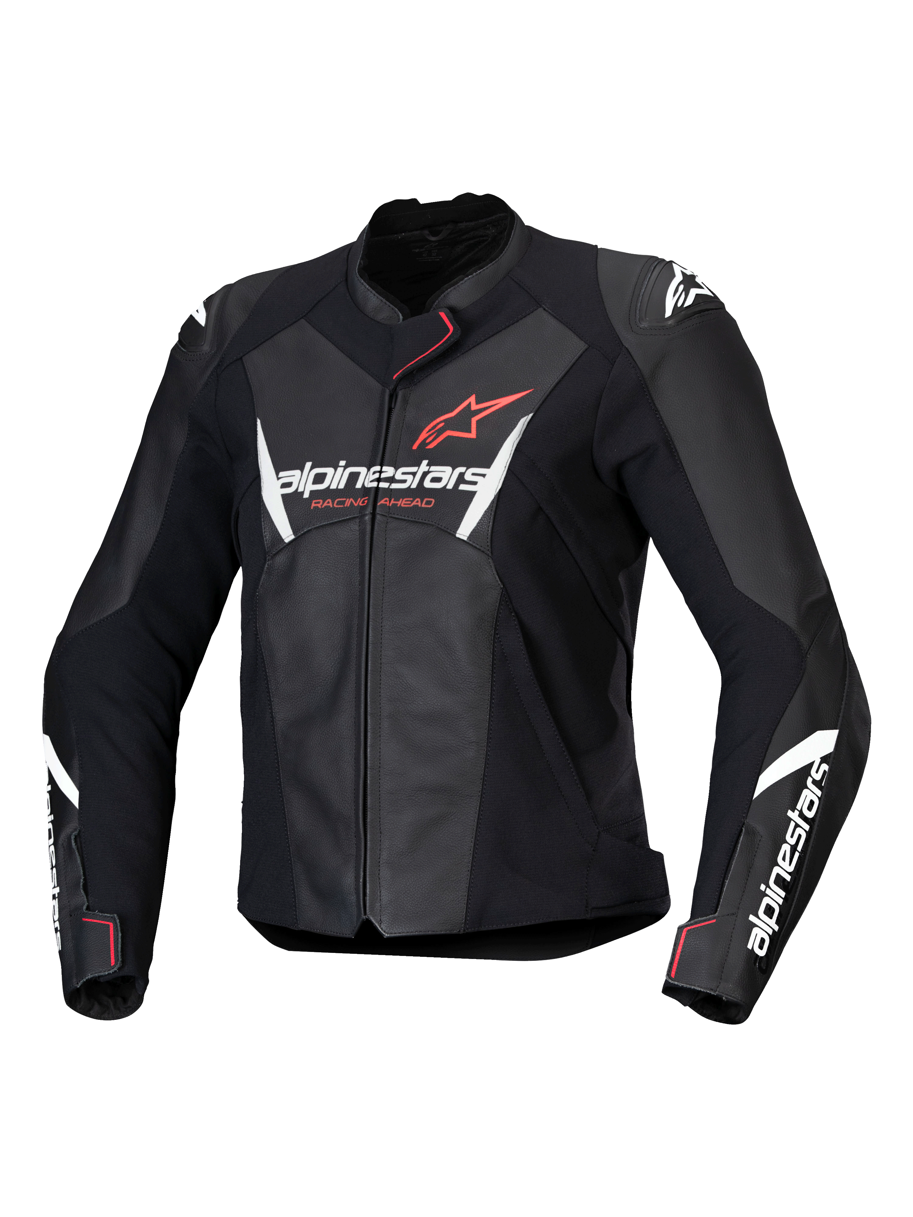 Alpinestars Stella Faster V3 læderjakke til damer, sort motorcykeljakke med hvide og Fluo Coral detaljer, førsteklasses læderkonstruktion, Alpinestars-branding på bryst og ærmer, sporty racing-pasform med integreret skulderbeskyttelse og lynlåslukning.