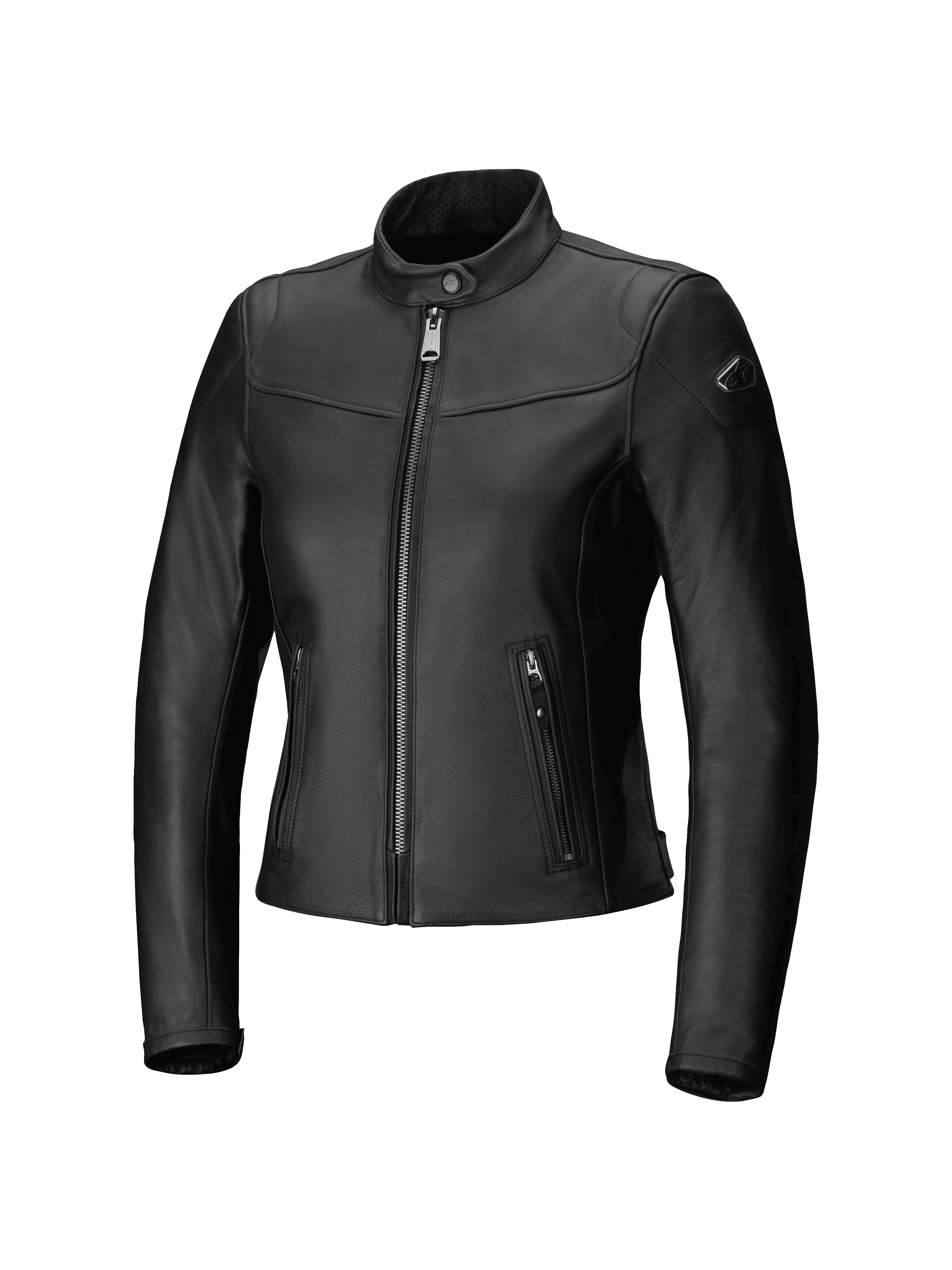 Alpinestars Tory læderjakke til damer, urban motorcykeljakke, sort, skræddersyet pasform med metallisk gunmetal lynlås foran, lodrette sidelommer med lynlås og perforeret læderkrave, glat finish i oksehud