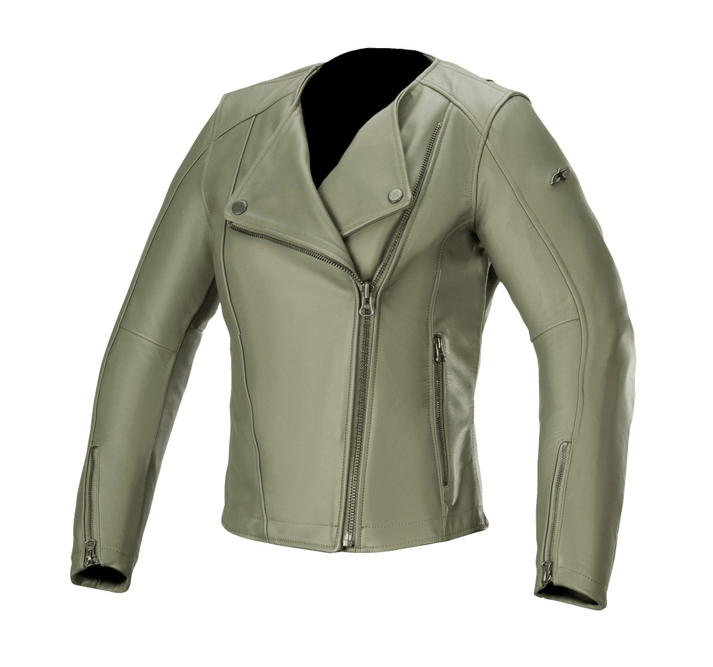 Alpinestars Alice læderjakke til damer, Military Green, motorcykeljakke i læder med asymmetrisk lynlås foran, krave med trykknapper, lynlåse ved manchetterne, førsteklasses oksehudskonstruktion, skræddersyet feminin pasform til bykørsel