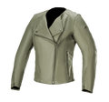 Alpinestars Alice læderjakke til damer, Military Green, motorcykeljakke i læder med asymmetrisk lynlås foran, krave med trykknapper, lynlåse ved manchetterne, førsteklasses oksehudskonstruktion, skræddersyet feminin pasform til bykørsel