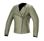 Alpinestars Alice læderjakke til damer, Military Green, motorcykeljakke i læder med asymmetrisk lynlås foran, krave med trykknapper, lynlåse ved manchetterne, førsteklasses oksehudskonstruktion, skræddersyet feminin pasform til bykørsel