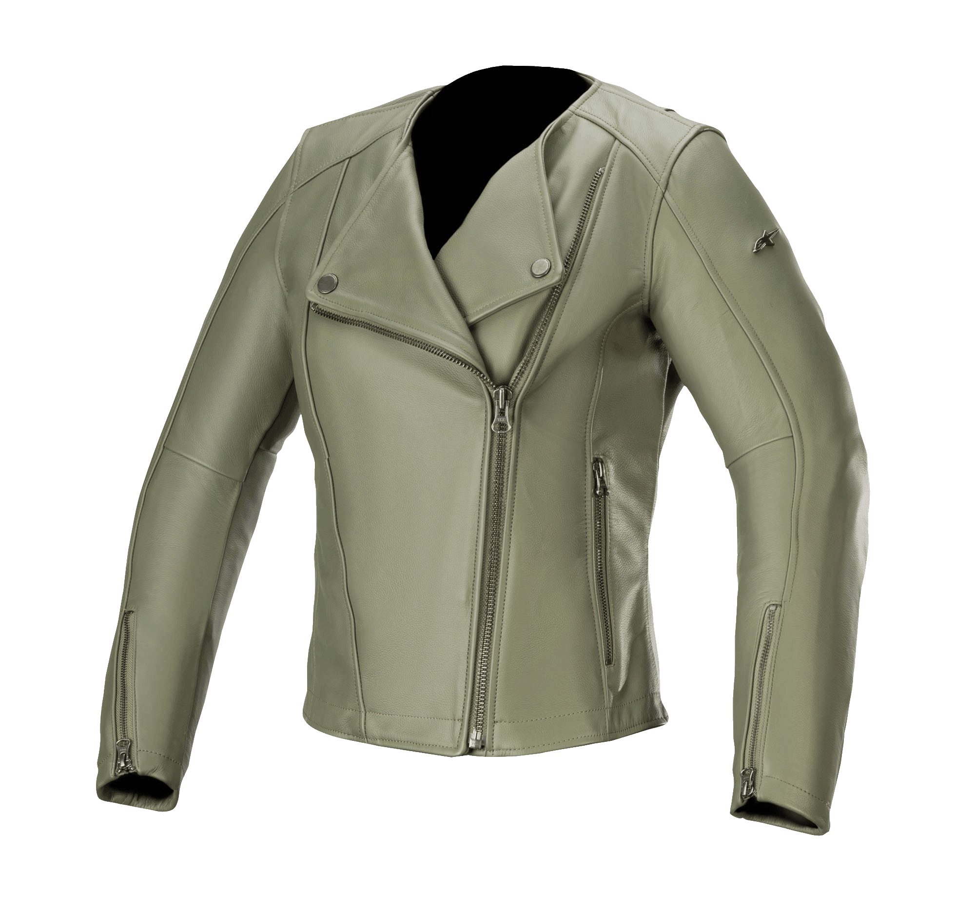 Alpinestars Alice Women's Leather Jacket, Military Green, leather motorcycle jacket with asymmetrical front zipper, snap-button collar, zippered cuffs, premium bovine leather construction, tailored feminine fit for urban riding