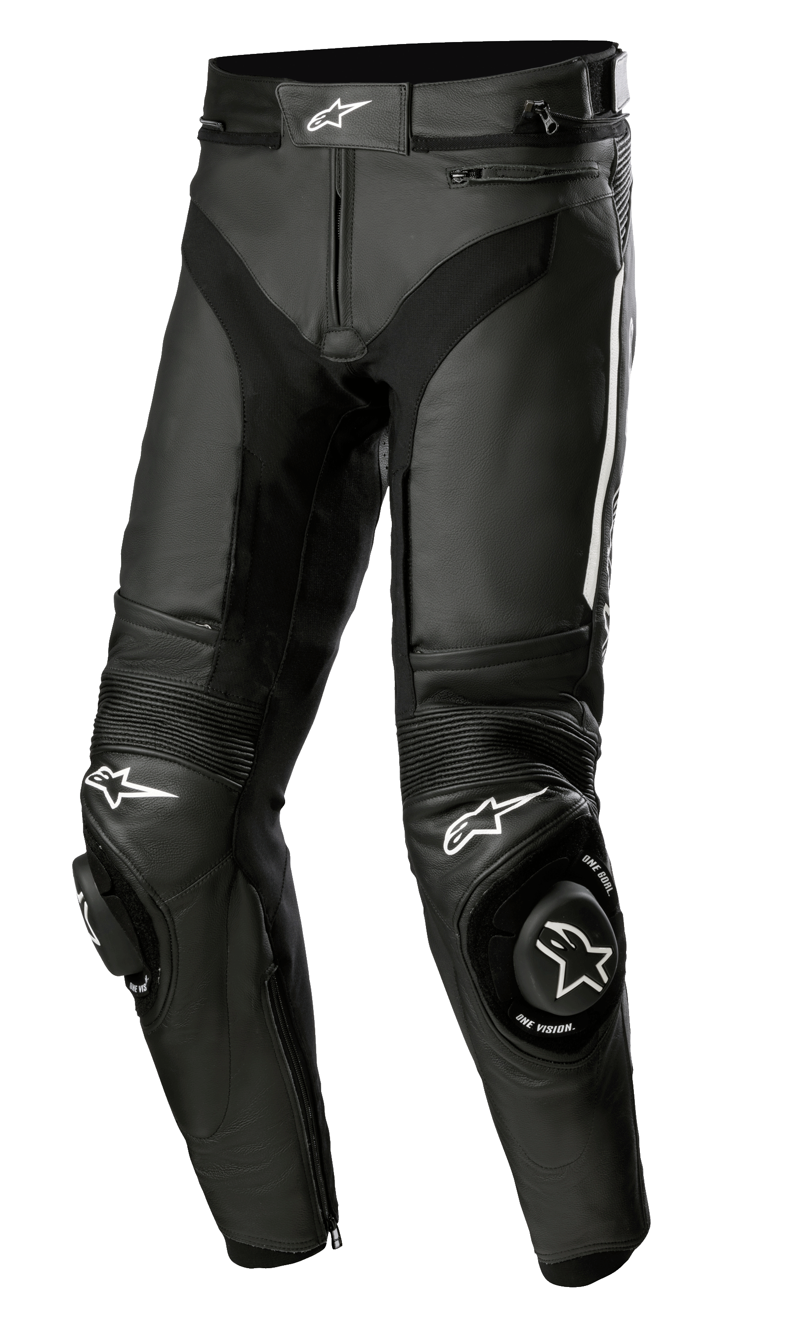 Alpinestars Missile V3 læderbukser, sorte motorcykelracingbukser i læder med hvide stjernelogoer, forstærkede knæslidere, harmonika-strækpaneler over knæene og ventilationsporte, førsteklasses 1,3 mm okselæderkonstruktion til bane- og vejperformance.