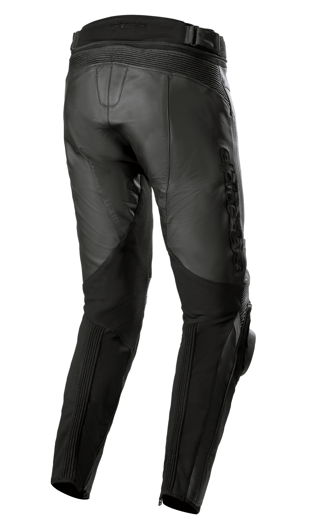 Alpinestars Missile V3 læderbukser, sort, set bagfra, med akkordeon-læderstrækzoner i taljen og bag knæene, præget Alpinestars-branding og holdbar læderkonstruktion til road racing.
