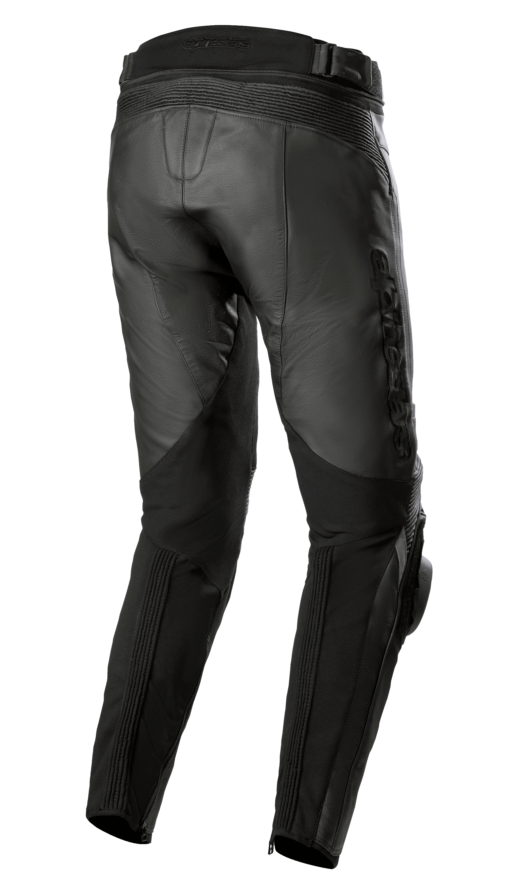 Alpinestars Missile V3 læderbukser, sort, set bagfra, med akkordeon-læderstrækzoner i taljen og bag knæene, præget Alpinestars-branding og holdbar læderkonstruktion til road racing.