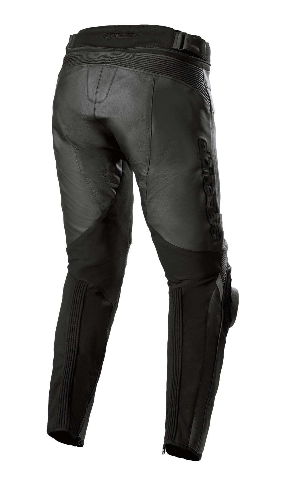 Alpinestars Missile V3 læderbukser - Short, sort, set bagfra, viser høj bagtalje-konstruktion, akkordeon læderstrækzoner over knæet og strækpaneler på læggen for forbedret mobilitet, premium motorcykeludstyr i okselæder til road racing