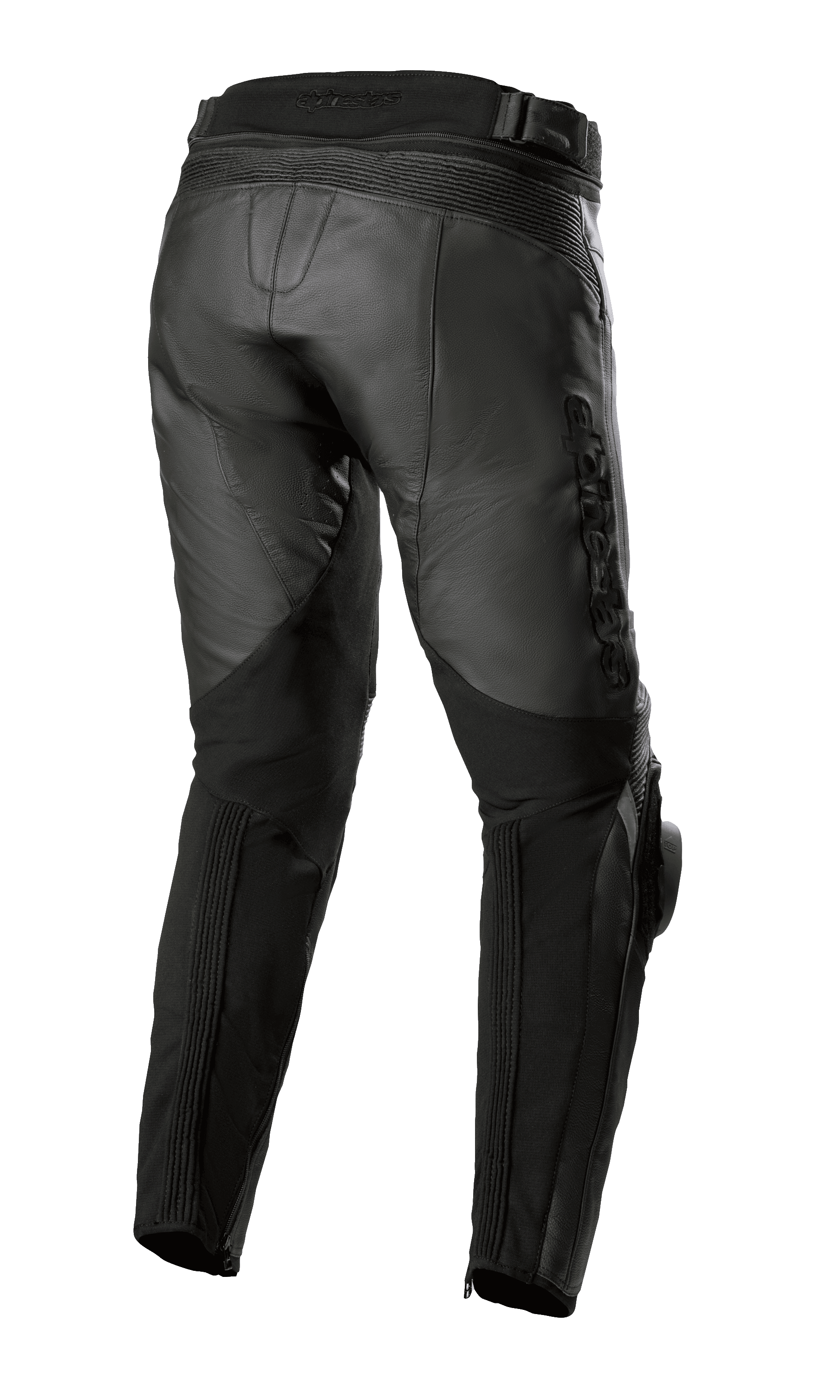 Alpinestars Missile V3 læderbukser - Short, sort, set bagfra, viser høj bagtalje-konstruktion, akkordeon læderstrækzoner over knæet og strækpaneler på læggen for forbedret mobilitet, premium motorcykeludstyr i okselæder til road racing