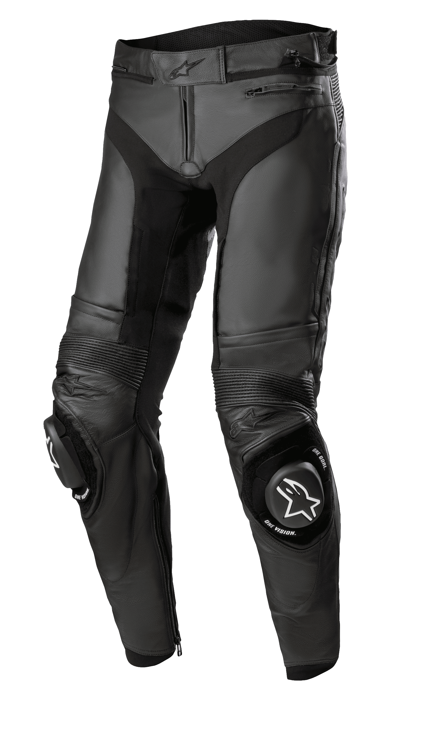 Alpinestars Missile V3 læderbukser - Short, sorte motorcykelracerbukser, premium læderkonstruktion med akkordeon-strækpaneler, forstærkede knæ med hvide logo-slidere, lynlås i taljen og ved anklerne, strømlinet ergonomisk design til sportskørsel