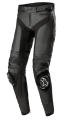 Alpinestars Missile V3 Leather Pants - Long, Black Motorcycle Racing Pants, featuring accordion leather stretch panels at the knees, replaceable knee sliders with white logos, premium leather construction, and ergonomic pre-curved fit for track performance