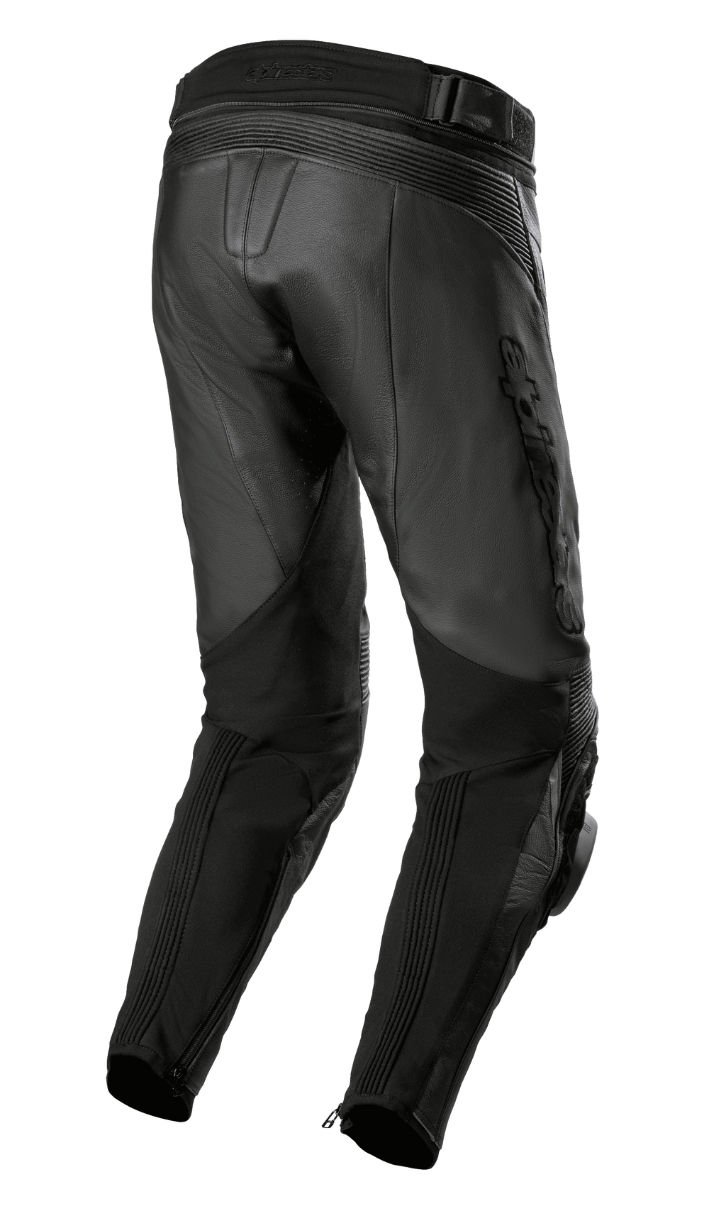 Alpinestars Missile V3 Airflow læderbukser, sort, set bagfra, premium læderkonstruktion, accordion-strækzoner over knæet, høj talje bagtil, fleksible strækpaneler på læggene og lynlåse ved anklerne