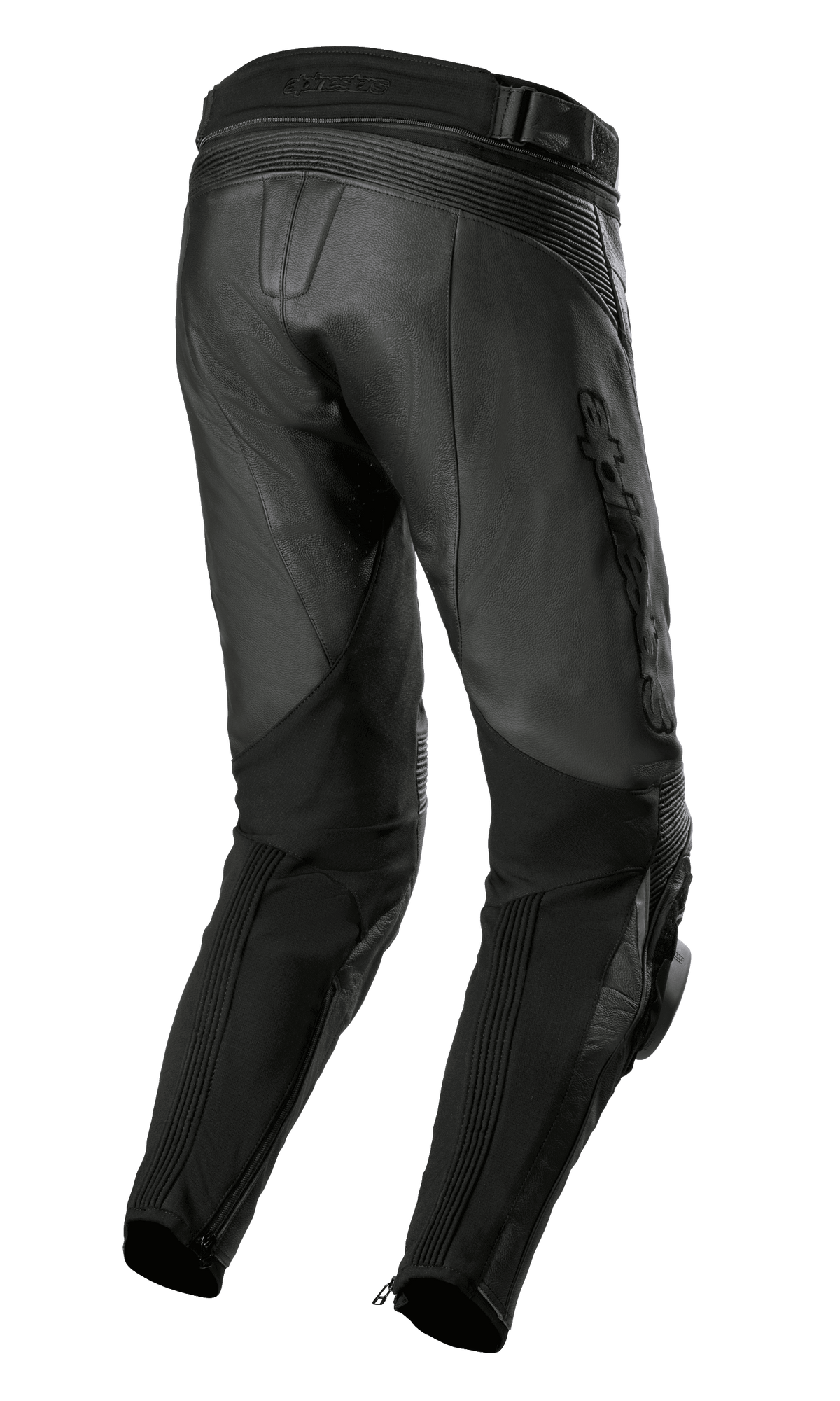 Alpinestars Missile V3 Airflow læderbukser, sort, set bagfra, premium læderkonstruktion, accordion-strækzoner over knæet, høj talje bagtil, fleksible strækpaneler på læggene og lynlåse ved anklerne