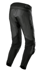 Alpinestars Missile V3 Airflow læderbukser, sort, set bagfra, premium læderkonstruktion, accordion-strækzoner over knæet, høj talje bagtil, fleksible strækpaneler på læggene og lynlåse ved anklerne
