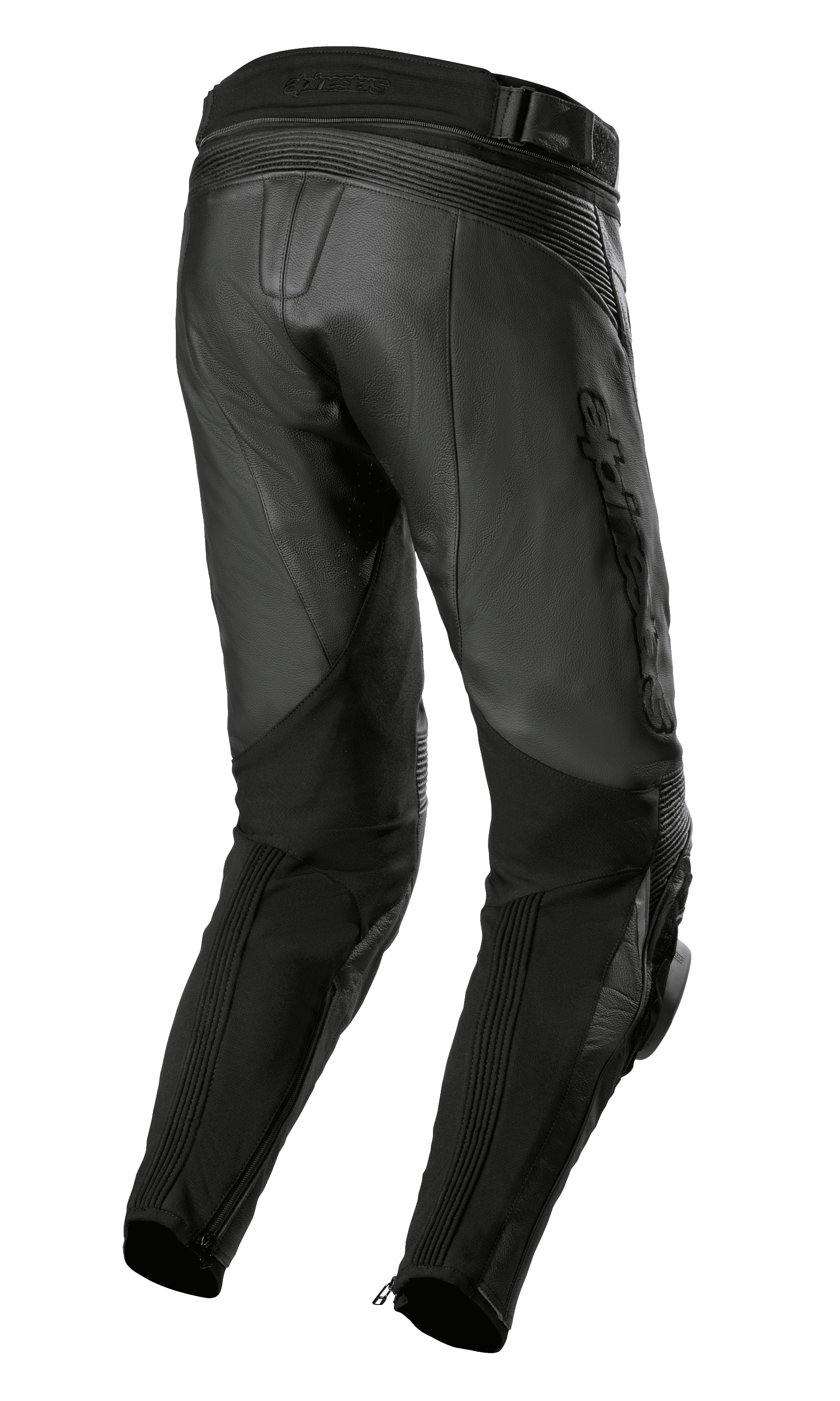 Alpinestars Missile V3 Airflow læderbukser, sort, set bagfra, premium læderkonstruktion, accordion-strækzoner over knæet, høj talje bagtil, fleksible strækpaneler på læggene og lynlåse ved anklerne