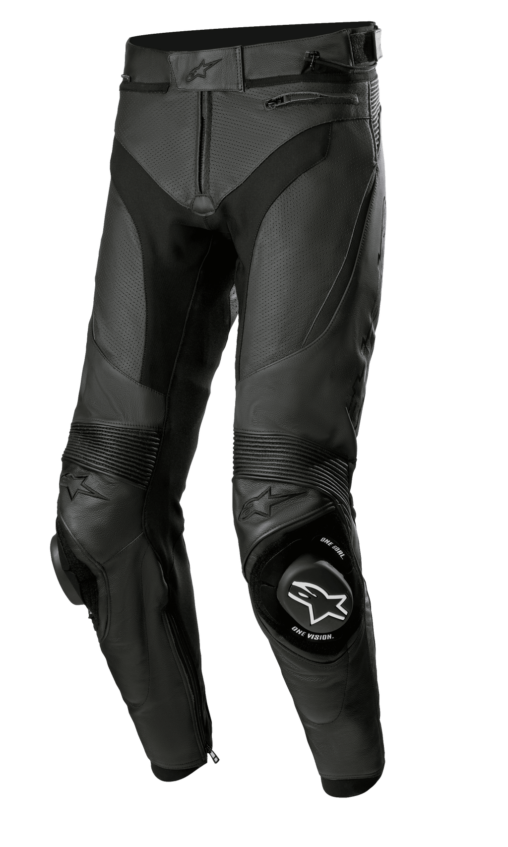 Alpinestars Missile V3 Airflow læderbukser, sorte motorcykel-racingbukser, førsteklasses perforeret læderkonstruktion for maksimal ventilation, forstærkede knæ-slidere med ONE GOAL ONE VISION-branding, harmonika-strækpaneler for fleksibilitet, lynlåslommer og taljejustering, strømlinet sort design til sport og banekørsel