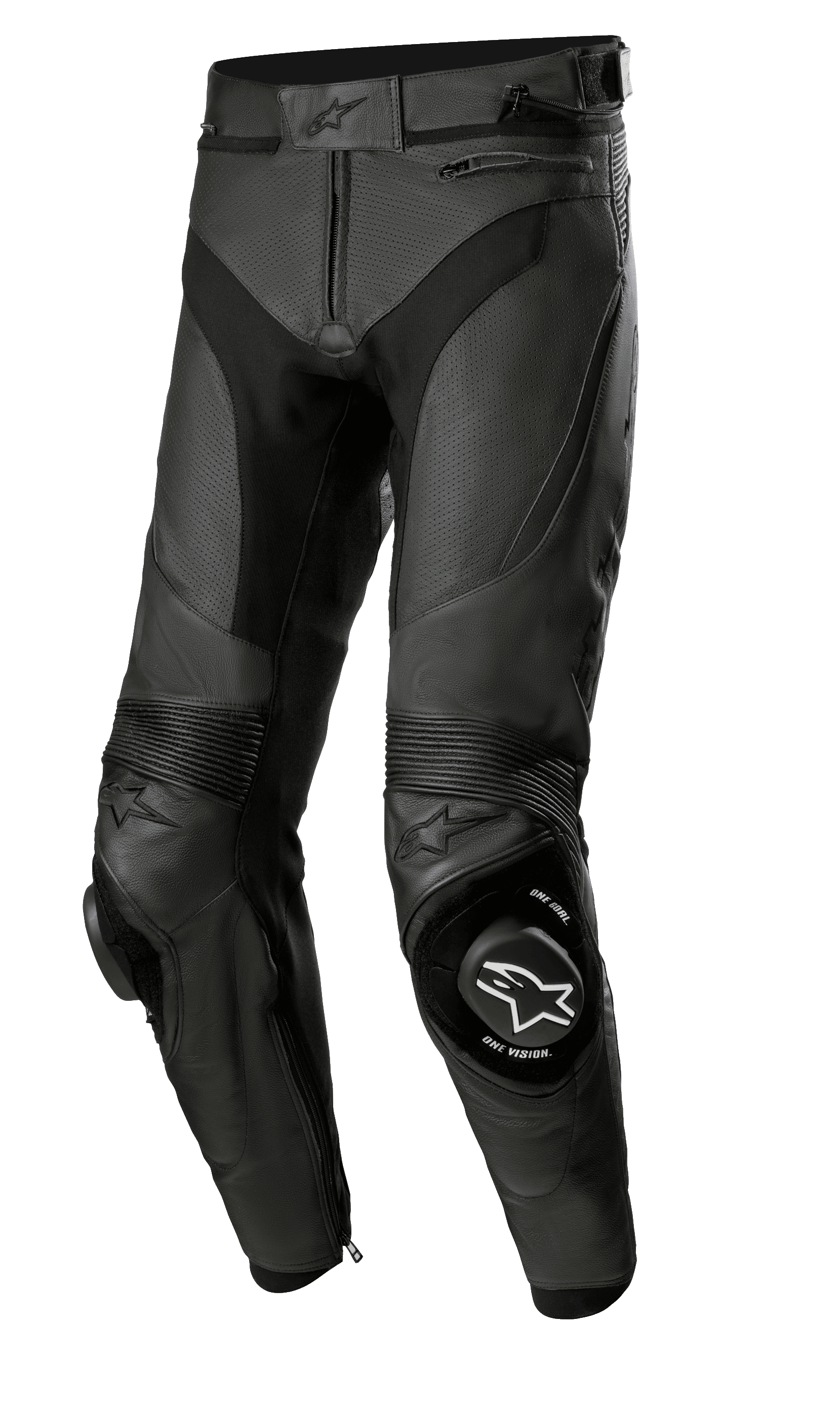 Alpinestars Missile V3 Airflow læderbukser, sorte motorcykel-racingbukser, førsteklasses perforeret læderkonstruktion for maksimal ventilation, forstærkede knæ-slidere med ONE GOAL ONE VISION-branding, harmonika-strækpaneler for fleksibilitet, lynlåslommer og taljejustering, strømlinet sort design til sport og banekørsel