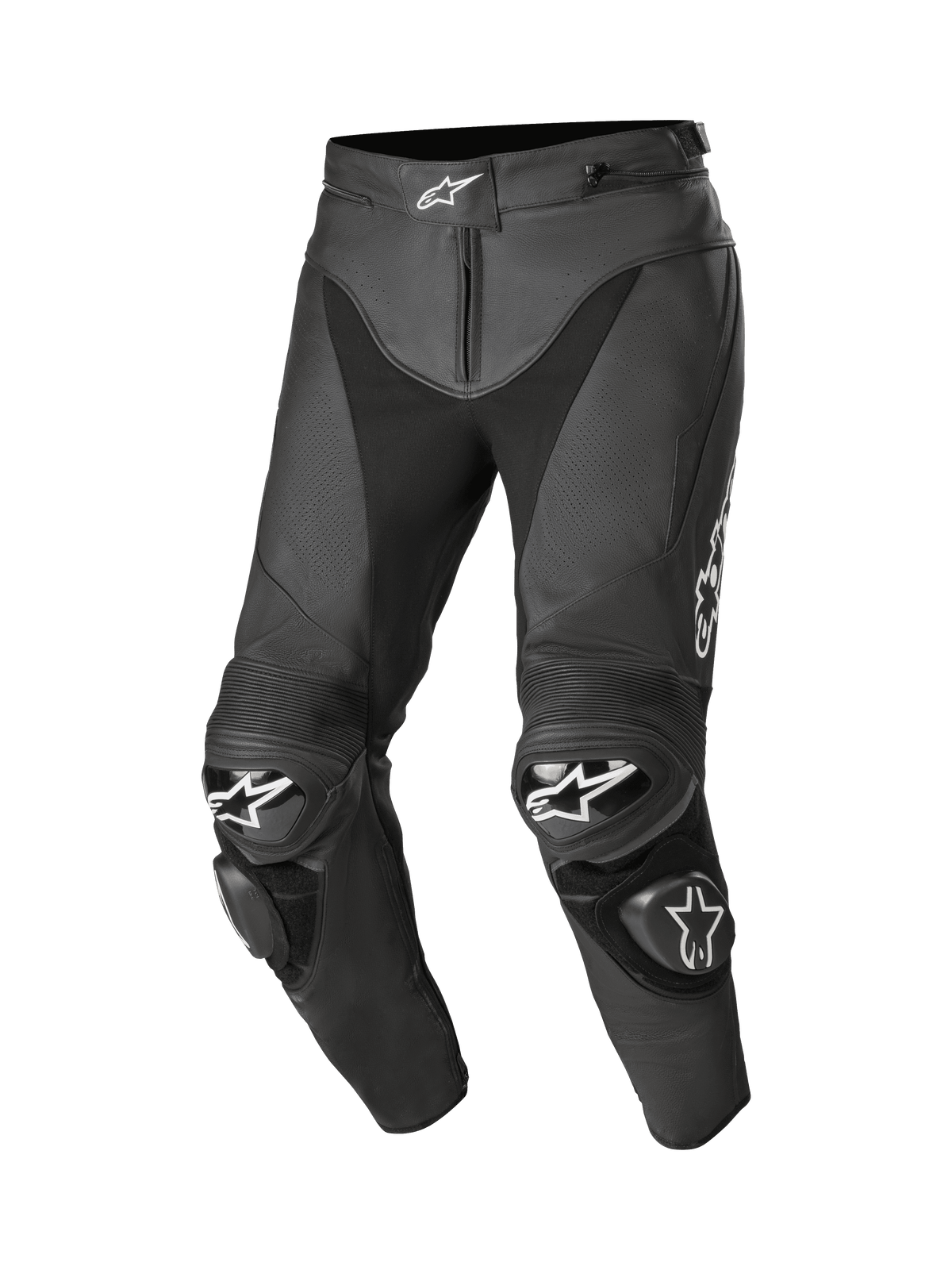 Alpinestars Track V2 læderbukser, sorte motorcykelracingbukser, med hvide stjernelogoer på taljen og knæene, perforeret læderkonstruktion, harmonika-flexpaneler over knæene og udskiftelige TPU-knæslidere, premium 1,3 mm okselæder med forbøjet benkonstruktion for racing-ydeevne